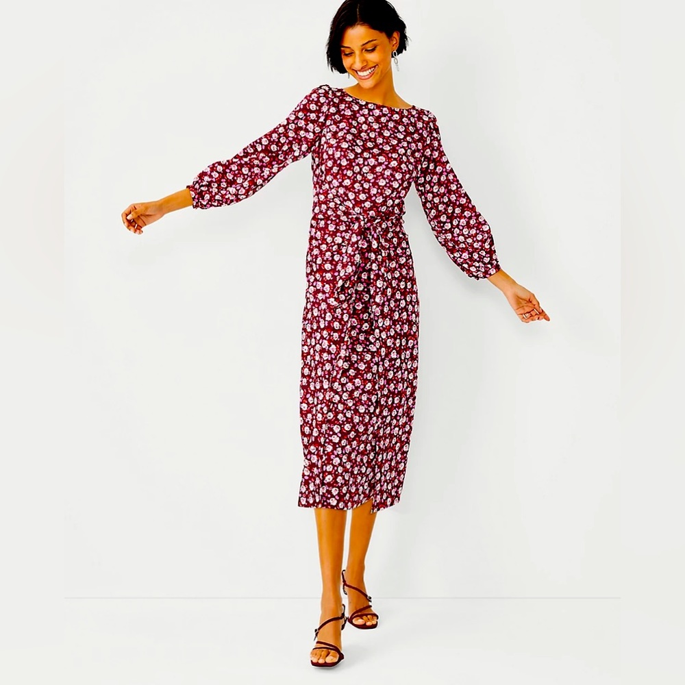 Ann Taylor Petite Floral Tie Midi Dress 00P New With Tags